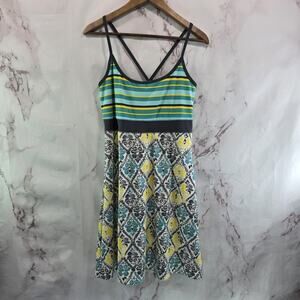 Soybu Dress Womens Large Tank Gray Blue Yellow Stripe Mini Shelf Built In Bra